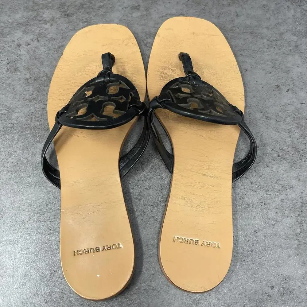 Tory Burch Sandals Womens Size 8 Miller Thong Black Brown Leather - Picture 4 of 7